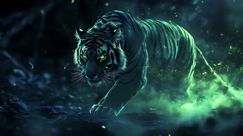 Moonlit tiger strides through glowing emerald forest mist
