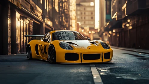 Low-slung yellow GT race car in cinematic urban golden hour