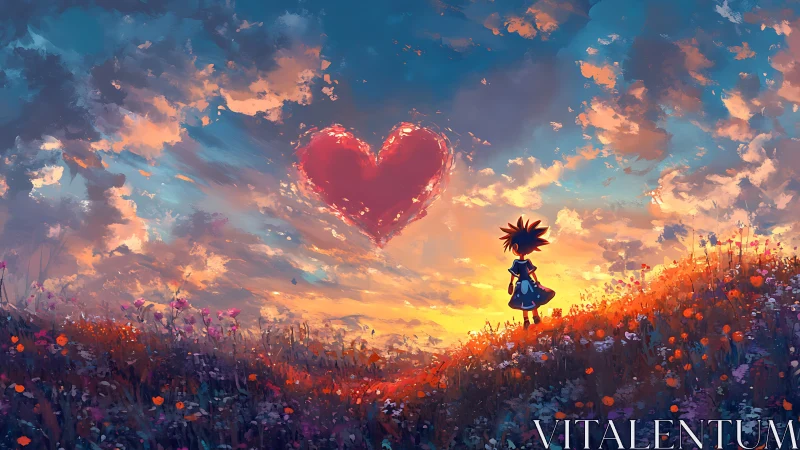 Sunset wanderer meeting a glowing heart stitched in sky.