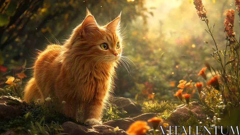 Golden Gaze: A Russet Cat's Enchanted Garden Moment