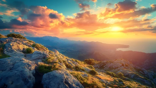 Sunlit coastal mountains rendered in vivid digital chromatic contrast