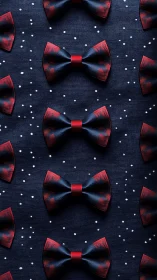Red plaid bow ties arranged symmetrically against navy textile.