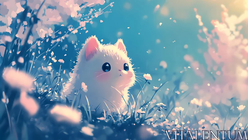 Fluffy white kitten exploring a dreamy spring meadow.