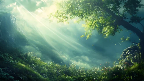 Sunlit forest ravine with misty valley and leaning tree.