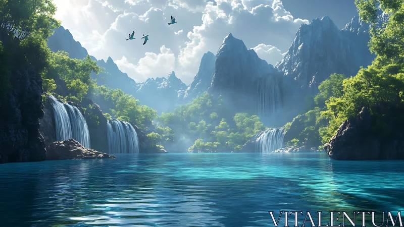 Mountain lake reflects cascading waterfalls under soft light