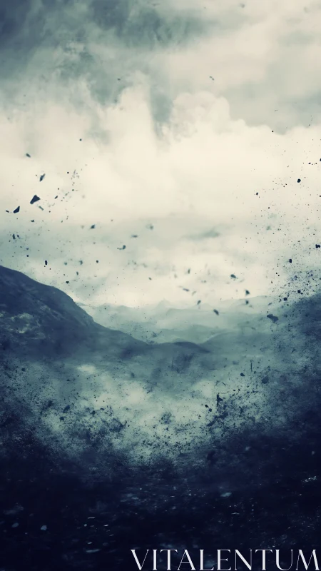 Monochrome landscape records airborne debris and cloud mass