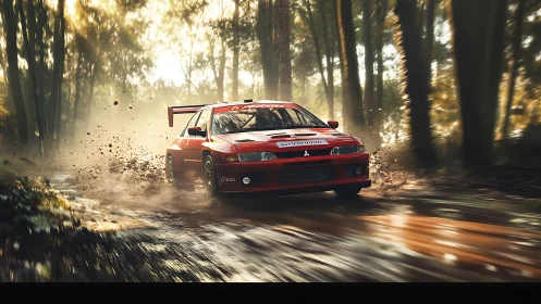Red Mitsubishi rally car powers through wet forest track.