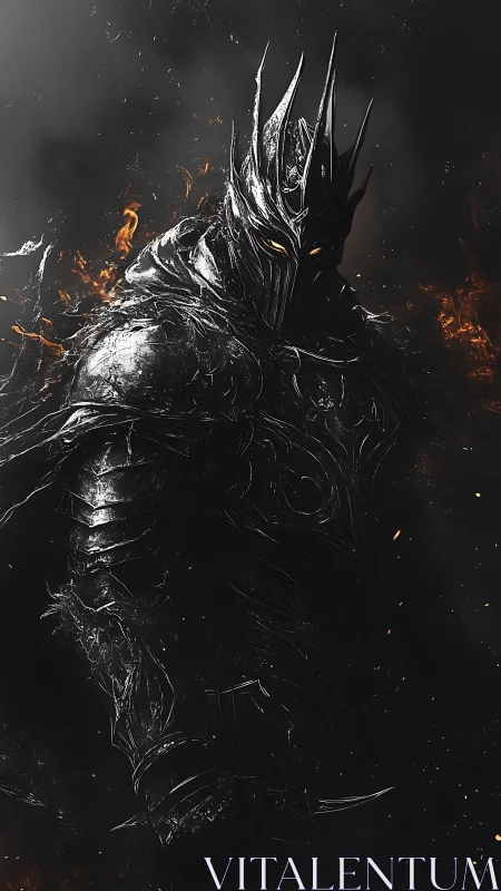 Armored dark knight stands in burning, smoke-filled void