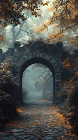 Foggy stone archway framing moody autumn forest path.