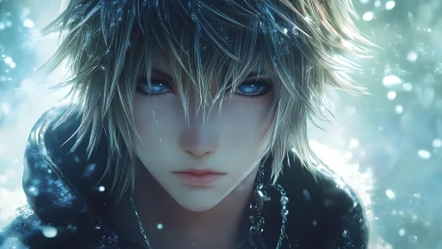 Ice-eyed anime warrior faces falling snow in silence.