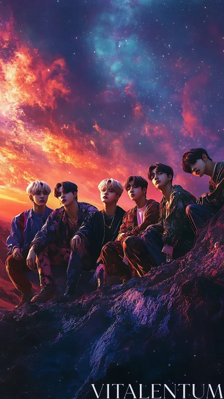 Idol group on neon-lit cliff beneath hyperreal cosmic sky