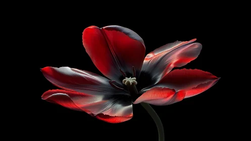 Dramatic Tulip Unfolds Against Shadow with Crimson Fire