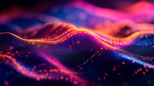 Glowing particle waves shaping a neon digital landscape.