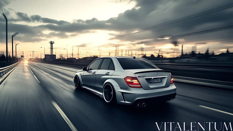 High-speed silver sedan on wet highway under dramatic dusk sky