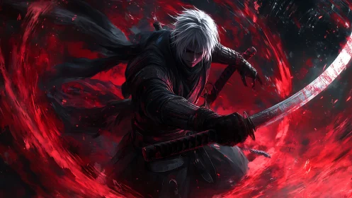White haired swordsman cuts through swirling red energy vortex