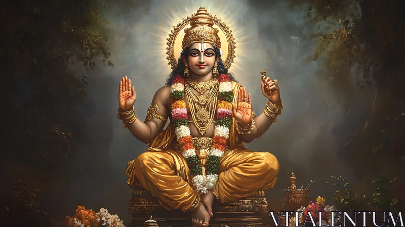 Digital painting of seated Hindu deity with radiant aureole.