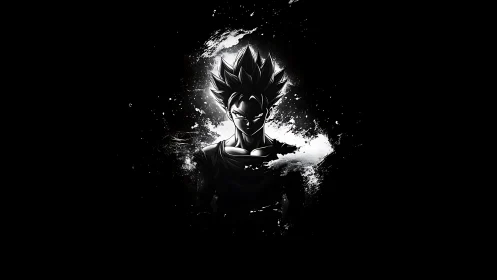 Monochrome spiky haired anime warrior in splatter vignette