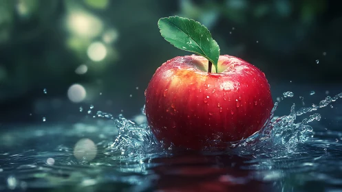 Red apple splashes through reflective water in studio light.
