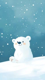 Playful baby polar bear smiles beneath drifting winter snow.