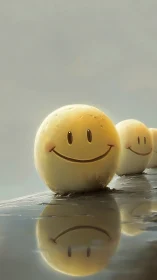 Smiling yellow orbs rest on wet reflective surface in line