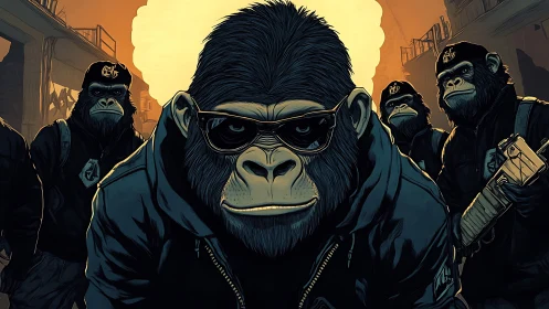 Gorilla group in urban alley wearing jackets and gear.