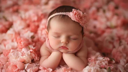 Sleeping Newborn Girl Nestled in Pink Floral Blooms