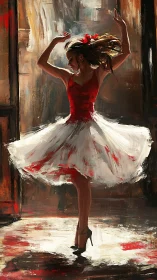 Female dancer in red and white dress on abstract stage scene.