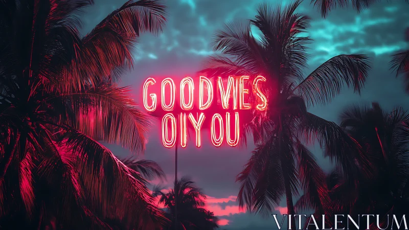 Neon text sign among palm trees at tropical dusk.