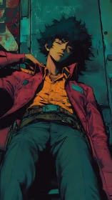 Neo-noir spacer reclines in cyan-tinted industrial gloom.