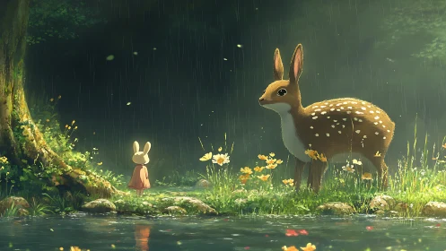 Gentle forest rain meeting between bunny child and fawn.