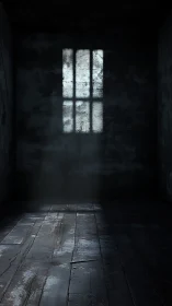 Cold cell interior pierced by narrow barred window light.