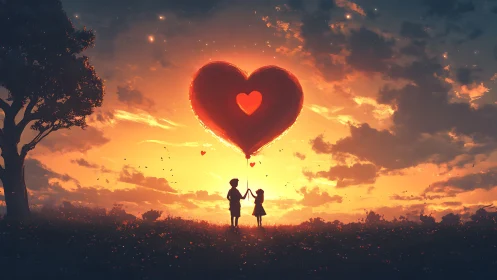 Two silhouetted figures hold heart balloon in dramatic sunset landscape