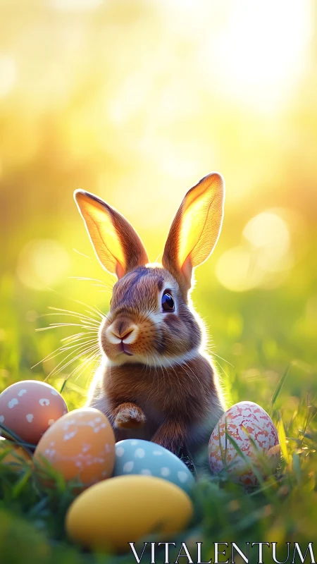Easter bunny sits among painted eggs in glowing sunset field
