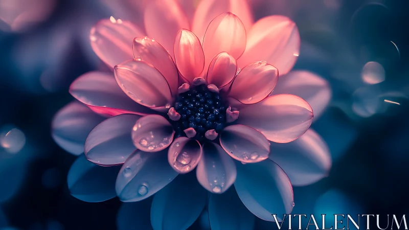 Translucent pink flower with water droplets under blue backlighting