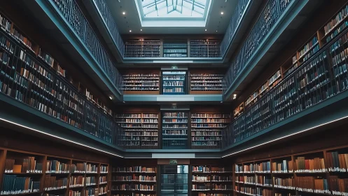 Symmetrical multilevel library interior with skylit perspective.