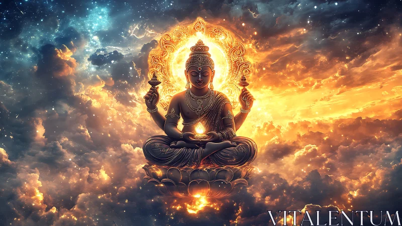 Celestial deity meditates amid radiant cosmic clouds.