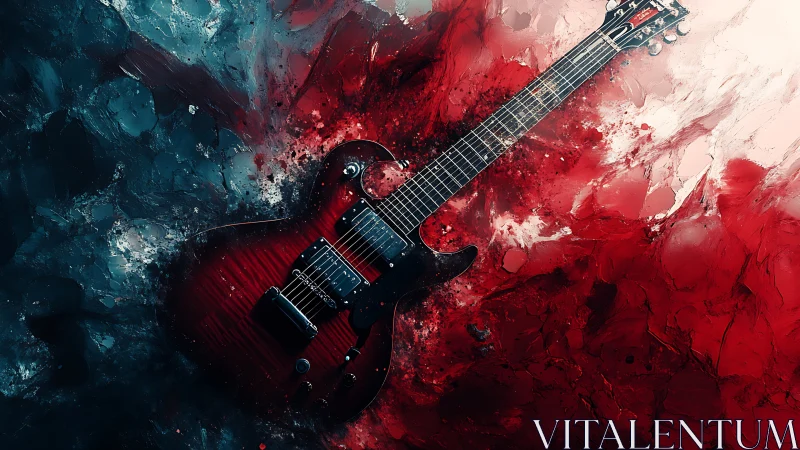 Electric red guitar riding a storm of swirling color.