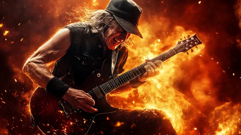 Intense Rock Performance Engulfed in Blazing Flames.