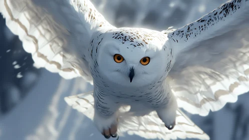 Majestic snowy owl in flight over winter landscape, photorealistic style.