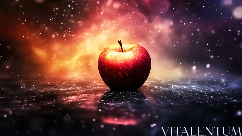 Red apple sits centered on wet reflective surface in glow