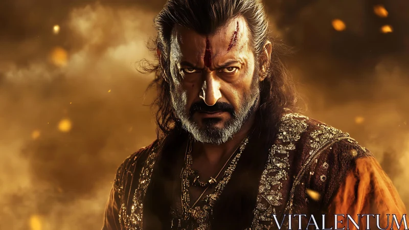 Battle-scarred warrior portrait in ember-filled cinematic haze