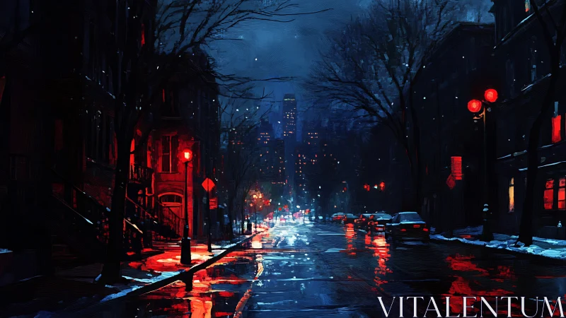 Rain-soaked city street glows with red lights on a winter night