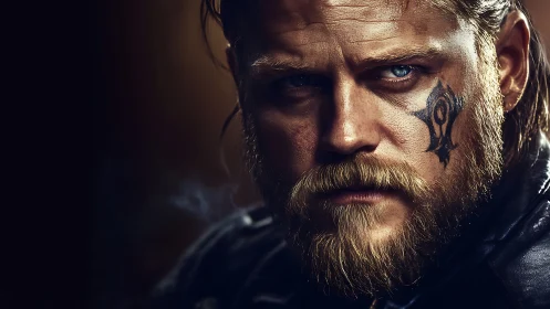 High-contrast portrait isolates tattooed man with dramatic rim lighting