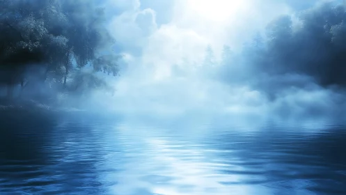 Gentle blue mist drifting over a quiet sunlit lake.