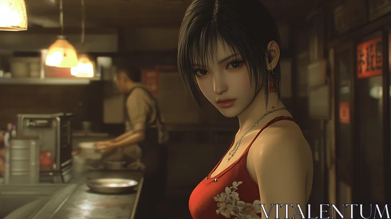 Young woman in red dress standing inside dim restaurant.