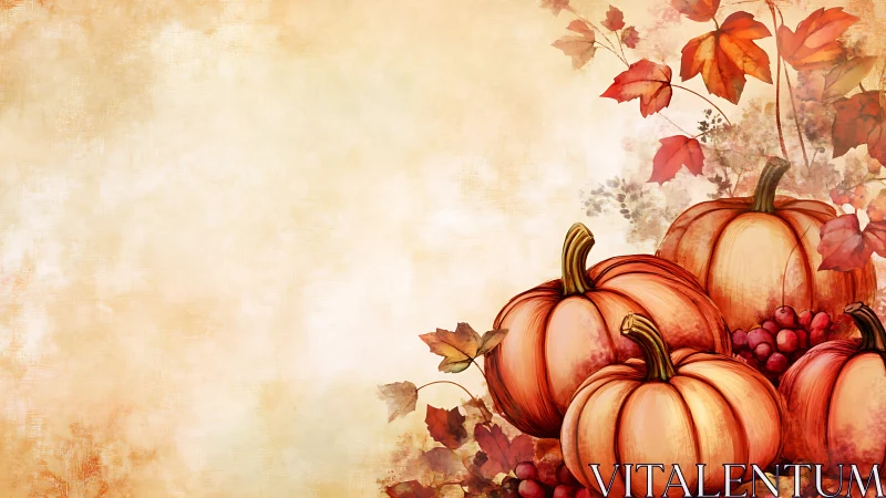 Autumn harvest pumpkins with botanical border composition.