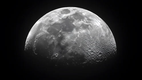 Detailed lunar surface glows in stark monochrome space.