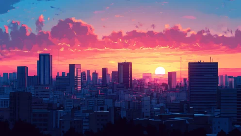 Neon dusk over stylized city skyline at vivid sunset.