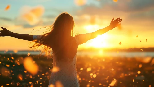 Woman embracing sunset outdoors, glowing with freedom and warmth.