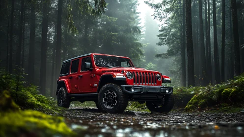 Crimson off‑road SUV poised on misty forest trail.